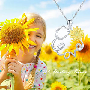 S925 Sterling Silver Stethoscope Sunflower Nurse Heart Pendant Necklace