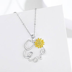 S925 Sterling Silver Stethoscope Sunflower Nurse Heart Pendant Necklace