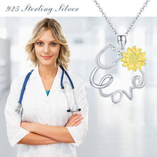 Load image into Gallery viewer, S925 Sterling Silver Stethoscope Sunflower Nurse Heart Pendant Necklace
