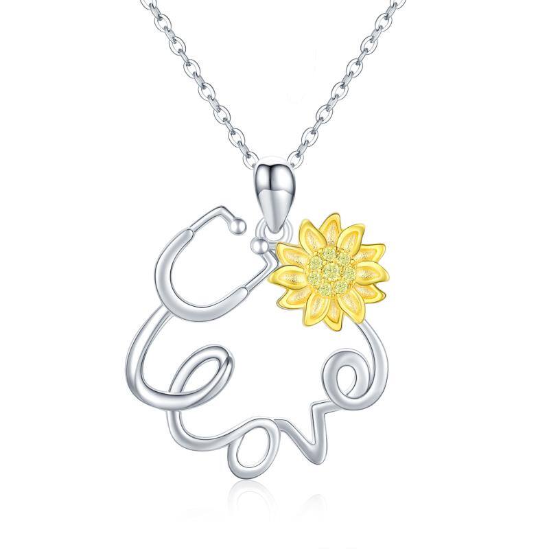 S925 Sterling Silver Stethoscope Sunflower Nurse Heart Pendant Necklace